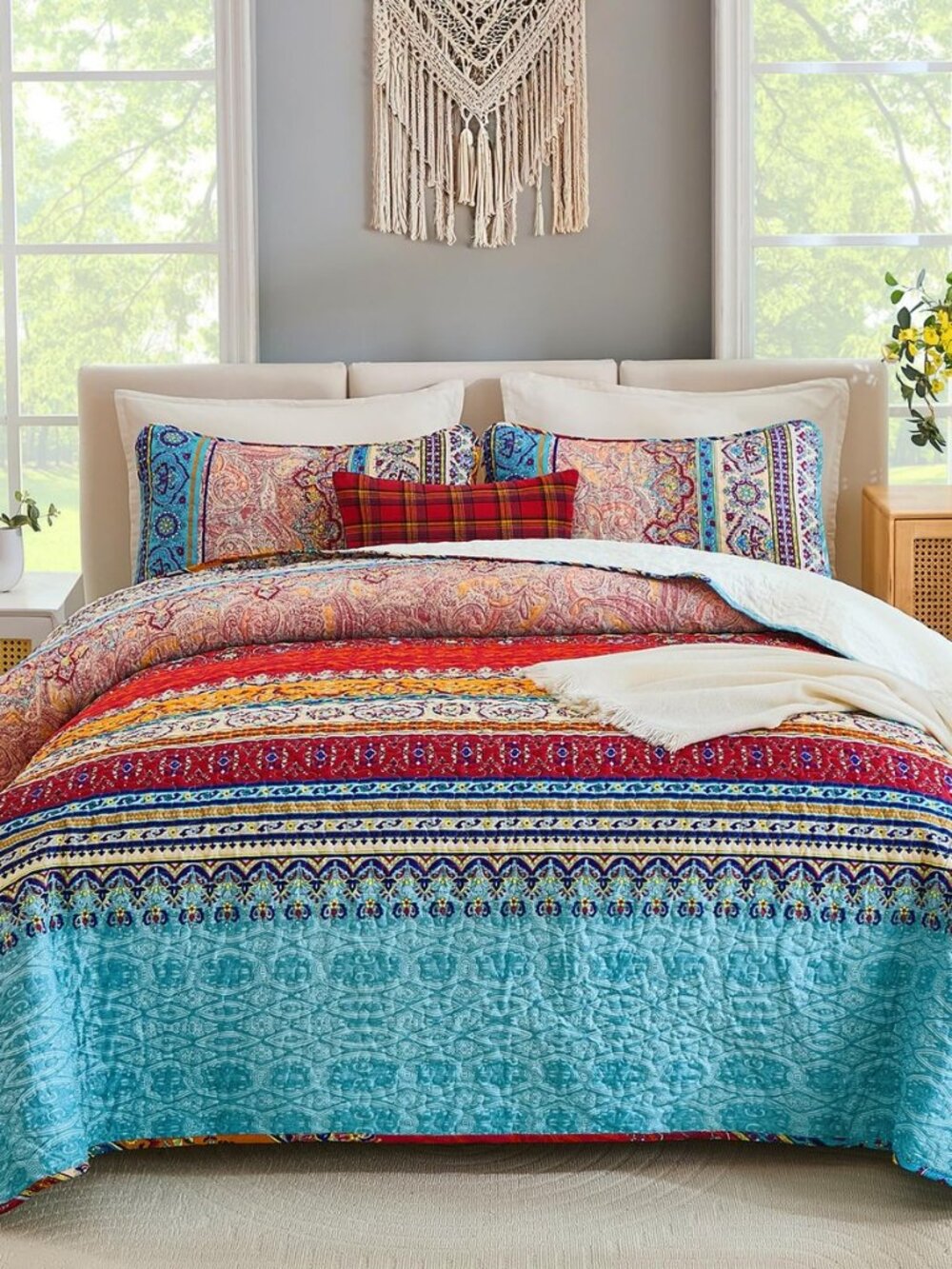 Boho Quilt Queen Size,3 Pieces Soft Blue Stripe Bedding Set